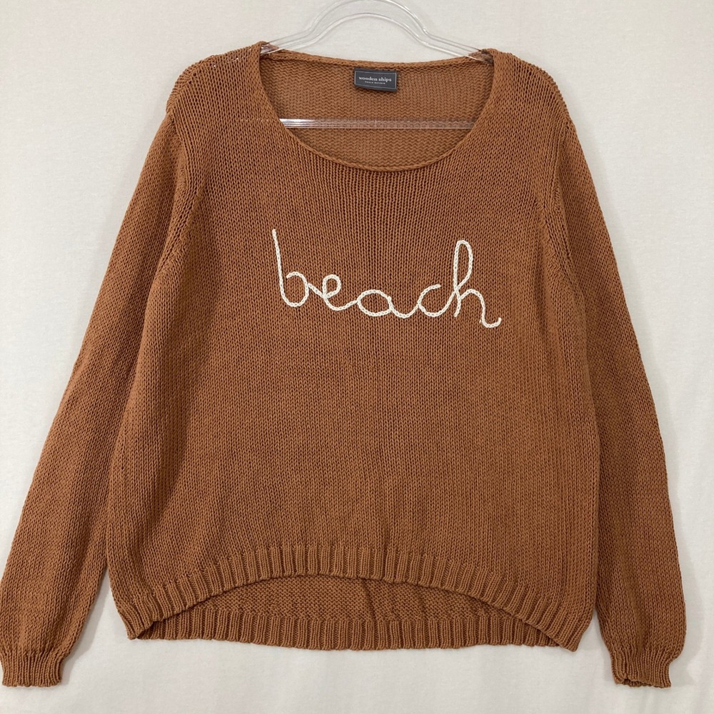 Wooden Ships Rust Brown Scoop Neck Sweater with "beach" Script